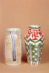 Omega Workshop vase, 1914 and porcelain vase possibly painted by Roger Fry, 1912-19